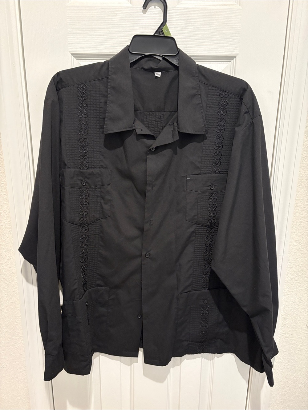 Black Embroidered Guayabera-Style Button Shirt